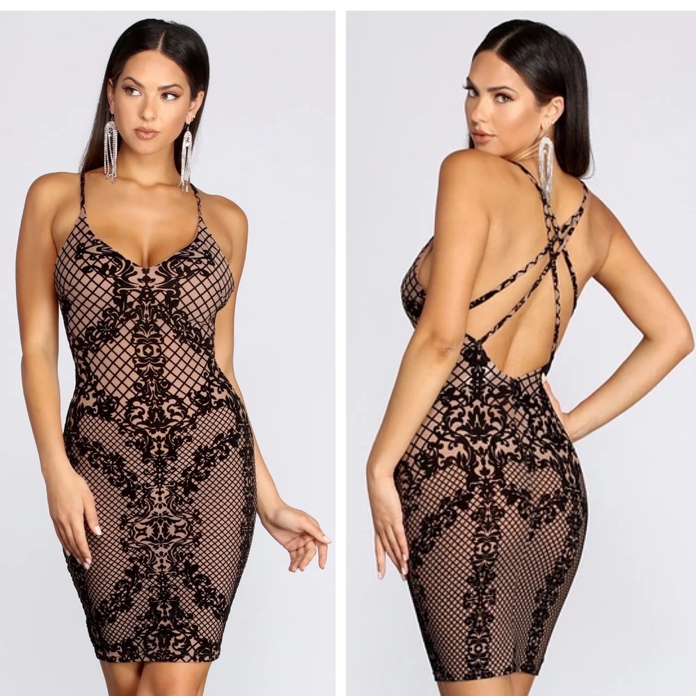NWT‎ Windsor Taupe Black Sheer Damask Flocked Velvet Bodycon Open Back Size M